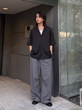 「Lui's（ルイス）のサテンLUXオーバーシャツジャケット（シャツ/ブラウス、ブラック系）」を使った、れちおさん（メンズ・173cm）の夏コーディネート