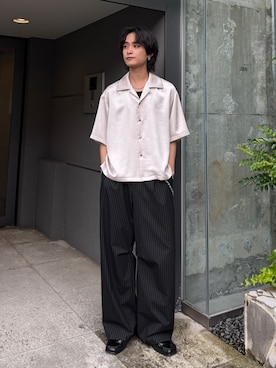 「Lui's（ルイス）のヴィンテージサテンボクシーショトスリーブ（シャツ/ブラウス、ホワイト系）」を使った、れちおさん（メンズ・173cm）の夏コーディネート