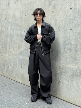 「Lui's（ルイス）のパラシュートスラックスパンツ（スラックス、ブラック系）」を使った、れちおさん（メンズ・173cm）の夏コーディネート