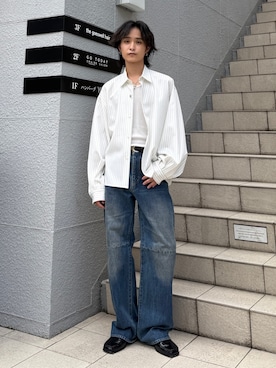 「Lui's（ルイス）の【Neucon】BALLOON SLEEVE STRIPE OVER SHIR / バルーンスリーブストライプオーバーシャツ（シャツ/ブラウス、ホワイト系）」を使った、れちおさん（メンズ・173cm）の夏コーディネート