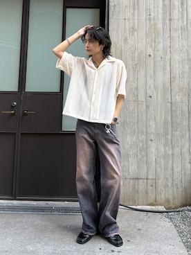 「Lui's（ルイス）のウーリーレースオープンカラーシャツ（シャツ/ブラウス、ホワイト系）」を使った、れちおさん（メンズ・173cm）の夏コーディネート