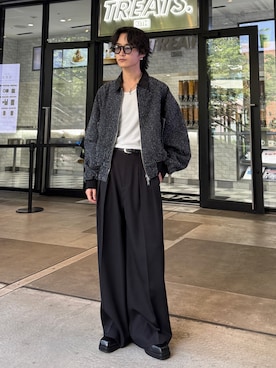 「Lui's（ルイス）のアンイーブンデニムボンバージャケット / Uneven Denim Bomber（ブルゾン、ブラック系）」を使った、れちおさん（メンズ・173cm）の夏コーディネート