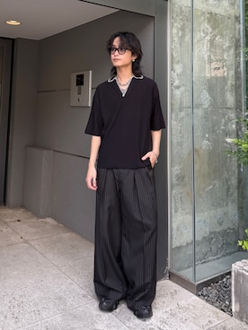 「Lui's（ルイス）のスキッパーステッチニット（ニット/セーター、ブラック系）」を使った、れちおさん（メンズ・173cm）の春コーディネート