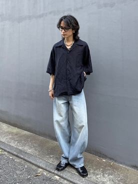 「Lui's（ルイス）のレーヨンリネンオープンカラーシャツ（シャツ/ブラウス、ブルー系）」を使った、れちおさん（メンズ・173cm）の夏コーディネート