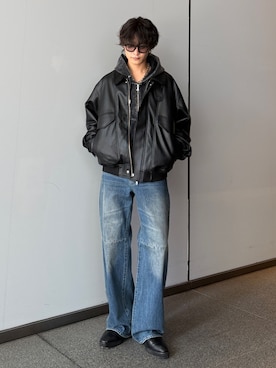 「Lui's（ルイス）の【Neucon】SHERPA COLLAR VOLUME A-2 BLOUSON / 2WAY襟ボアボリュームレザーA2ブルゾン / ジャケット（ブルゾン、ブラック系）」を使った、れちおさん（メンズ・173cm）の秋コーディネート