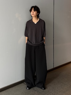 「Lui's（ルイス）のハイゲージコットンスキッパーニットポロ（Tシャツ/カットソー、グレー系）」を使った、れちおさん（メンズ・173cm）の夏コーディネート