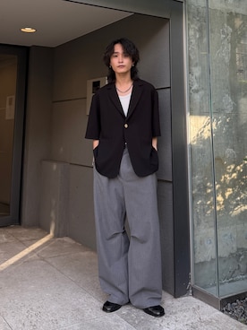 「Lui's（ルイス）のジョーゼット1BJKT（テーラードジャケット、ブラック系）」を使った、れちおさん（メンズ・173cm）の夏コーディネート