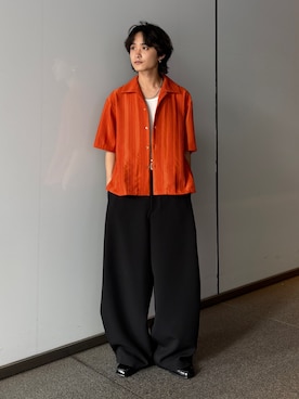 「Lui's（ルイス）のウーリーレースオープンカラーシャツ（シャツ/ブラウス、オレンジ系）」を使った、れちおさん（メンズ・173cm）の夏コーディネート