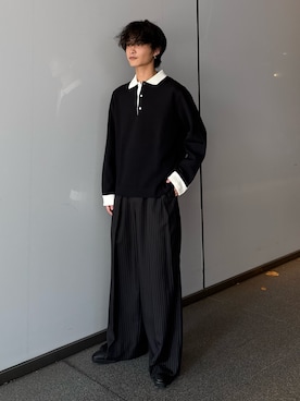 「Lui's（ルイス）のラガーニットポロ（ニット/セーター、ブラック系）」を使った、れちおさん（メンズ・173cm）の秋コーディネート