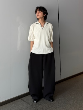 「Lui's（ルイス）のスキッパーステッチニット（ニット/セーター、ホワイト系）」を使った、れちおさん（メンズ・173cm）の夏コーディネート