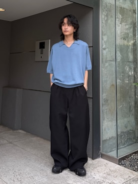 「Lui's（ルイス）のベルテッドダブルクロスバルーンカーブスラックスパンツ（スラックス、ブラック系）」を使った、れちおさん（メンズ・173cm）の春コーディネート