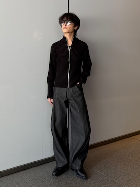 「Lui's（ルイス）のワイドリブドライバーズニット（ニット/セーター、ブラック系）」を使った、れちおさん（メンズ・173cm）の秋コーディネート