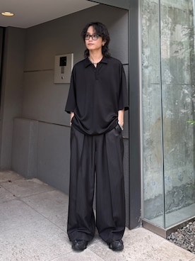 「Lui's（ルイス）のポンチオーバーポロシャツ（Tシャツ/カットソー、ブラック系）」を使った、れちおさん（メンズ・173cm）の春コーディネート