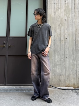 「Lui's（ルイス）のフェードショートスリーブTシャツ（Tシャツ/カットソー、ブラック系）」を使った、れちおさん（メンズ・173cm）の夏コーディネート