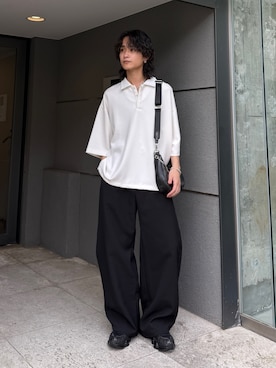 「Lui's（ルイス）のポンチオーバーポロシャツ（Tシャツ/カットソー、ホワイト系）」を使った、れちおさん（メンズ・173cm）の春コーディネート