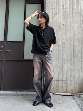 「Lui's（ルイス）のアンスキニーフレアデニムパンツ（デニムパンツ、ブルー系）」を使った、れちおさん（メンズ・173cm）の夏コーディネート