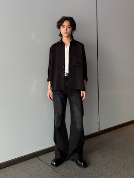 「Lui's（ルイス）のフレアデニムパンツ（デニムパンツ、ブラック系）」を使った、れちおさん（メンズ・173cm）の夏コーディネート