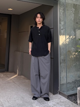 「Lui's（ルイス）のサーマルフェードヘンリーネックTシャツ（Tシャツ/カットソー、ブラック系）」を使った、れちおさん（メンズ・173cm）の夏コーディネート