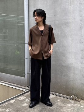 「Lui's（ルイス）のサテンLUXシャツジャケット（シャツ/ブラウス、ブラウン系）」を使った、れちおさん（メンズ・173cm）の春コーディネート