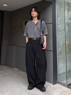 「Lui's（ルイス）のサーマルフェードヘンリーネックTシャツ（Tシャツ/カットソー、グレー系）」を使った、れちおさん（メンズ・173cm）の春コーディネート