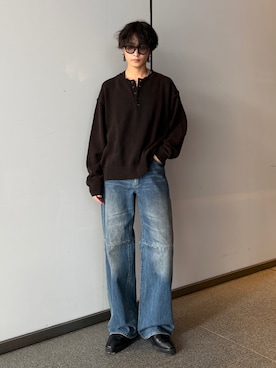 「Lui's（ルイス）のストーンウォッシュヘンリーネックニット（ニット/セーター、ブラック系）」を使った、れちおさん（メンズ・173cm）の秋コーディネート