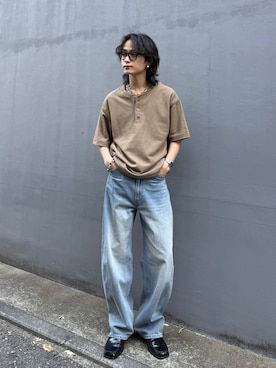 「Lui's（ルイス）の鹿の子ヘンリーネックTシャツ（Tシャツ/カットソー、ベージュ系）」を使った、れちおさん（メンズ・173cm）の夏コーディネート