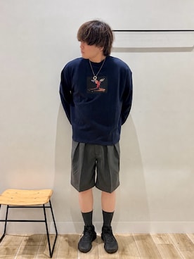 「URBAN RESEARCH(アーバンリサーチ)の別注/Disney/ビッグスウェット(スウェット、ブルー系)」を使った、4yato Komatsubaraさん(メンズ・172cm)の夏コーディネート