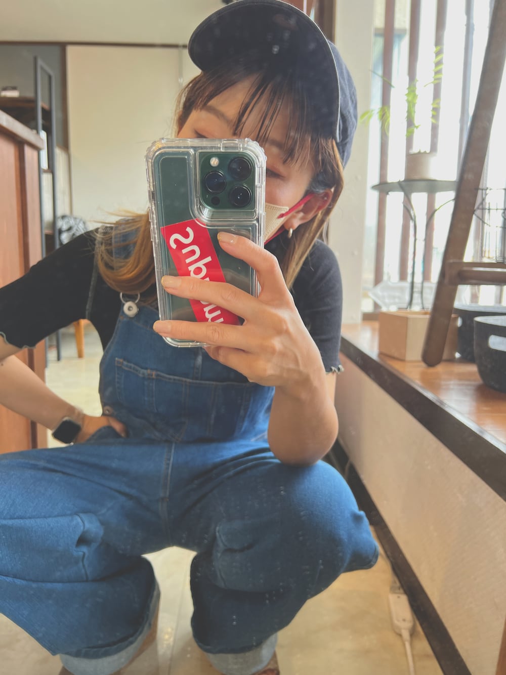 「低身長、オーバーオール、キャップ、低身長コーデ、低身長女子、デニム、Tシャツ、メンズライク、サンダルコーデ、厚底サンダル、黒Tシャツ、オトナカワイイ」｜「CIAOPANIC TYPYのオーバーオール（サロペット/オーバーオール、ブルー系）」を使った、𝙻𝚒.☺︎✓さん（レディース・149cm）の夏コーディネートの1枚目の写真