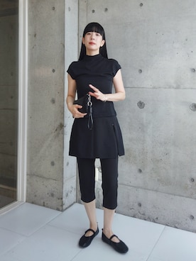 「MAISON SPECIAL（メゾンスペシャル）のMini Skirt Layer Capri Pants/ミニスカートレイヤーカプリパンツ（その他パンツ、ブラック系）」を使った、RIKAさん（レディース・168cm）の夏コーディネート