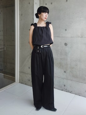 「STYLEMIXER（スタイルミキサー）のバルーンフォルムキャミ（キャミソール、ブラック系）」を使った、RIKAさん（レディース・168cm）の夏コーディネート