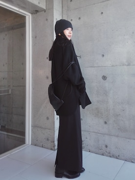 「アイテム（ニットキャップ/ビーニー）」を使った、RIKAさん（レディース・168cm）の冬コーディネート