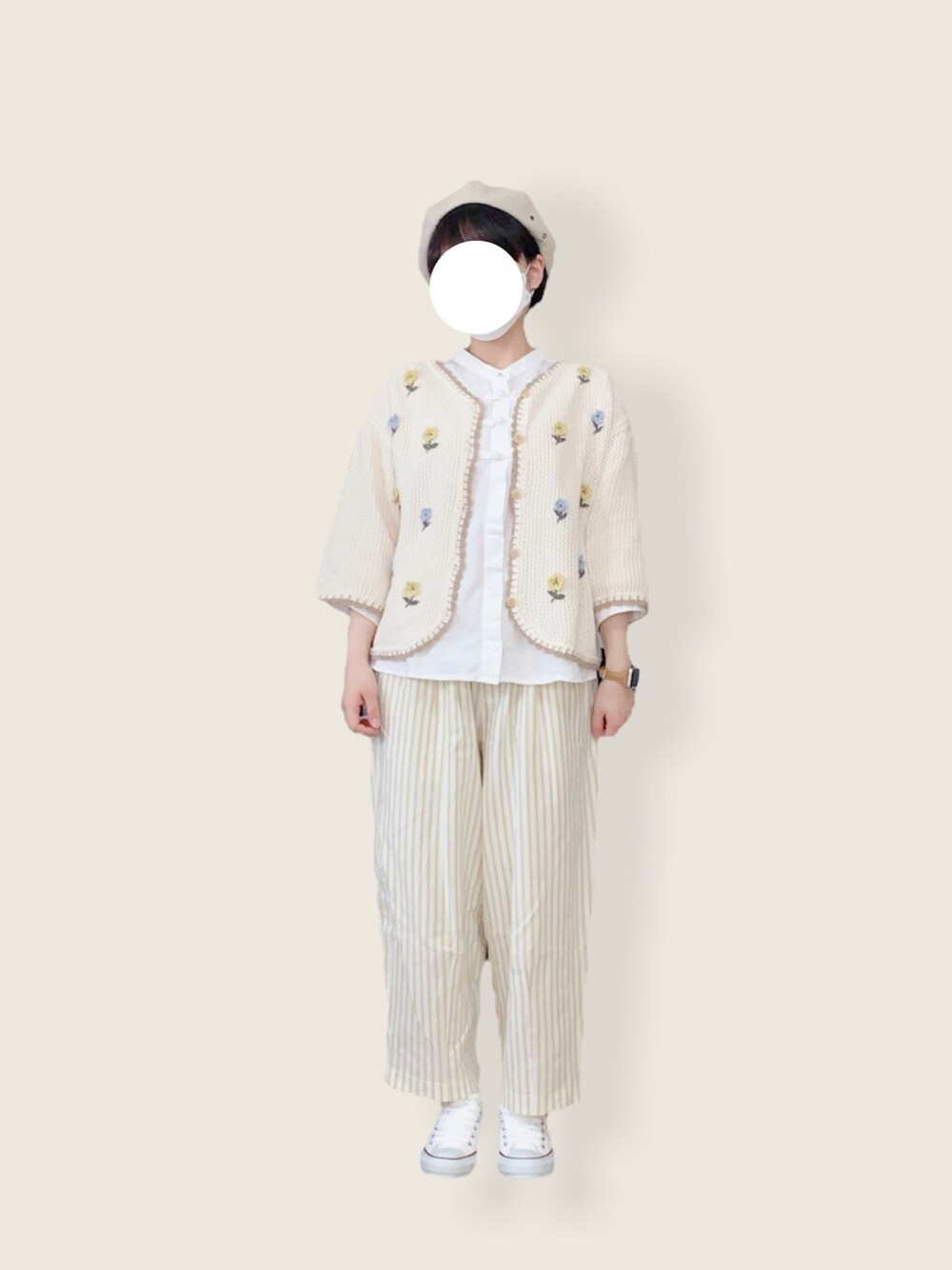「ごきげんウィーク、春夏コーデ、低身長、ラフ、ootd、スニーカーコーデ、Samansa Mos2、converse、studio clip、カラー×コーデ、淡色コーデ、淡色女子、休日コーデ」｜「Samansa Mos2の柄アソートパンツ（その他パンツ、イエロー系）」を使った、minnさん（レディース・154cm）の春コーディネートの1枚目の写真