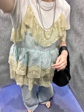 「LOWRYS FARM（ローリーズファーム）のレースデニム　601055（デニムパンツ、ブルー系）」を使った、kanamiさん（レディース）の夏コーディネート