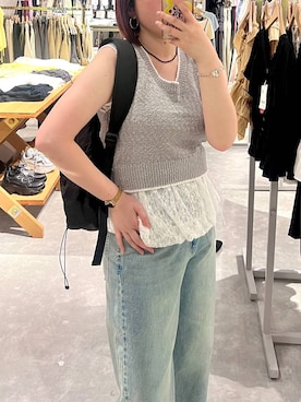 「LOWRYS FARM（ローリーズファーム）のレースデニム　601055（デニムパンツ、ブルー系）」を使った、kanamiさん（レディース）の夏コーディネート