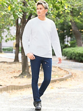 「クルーネックTシャツ」｜LUX STYLE staffさん（メンズ・180cm）の冬コーディネート