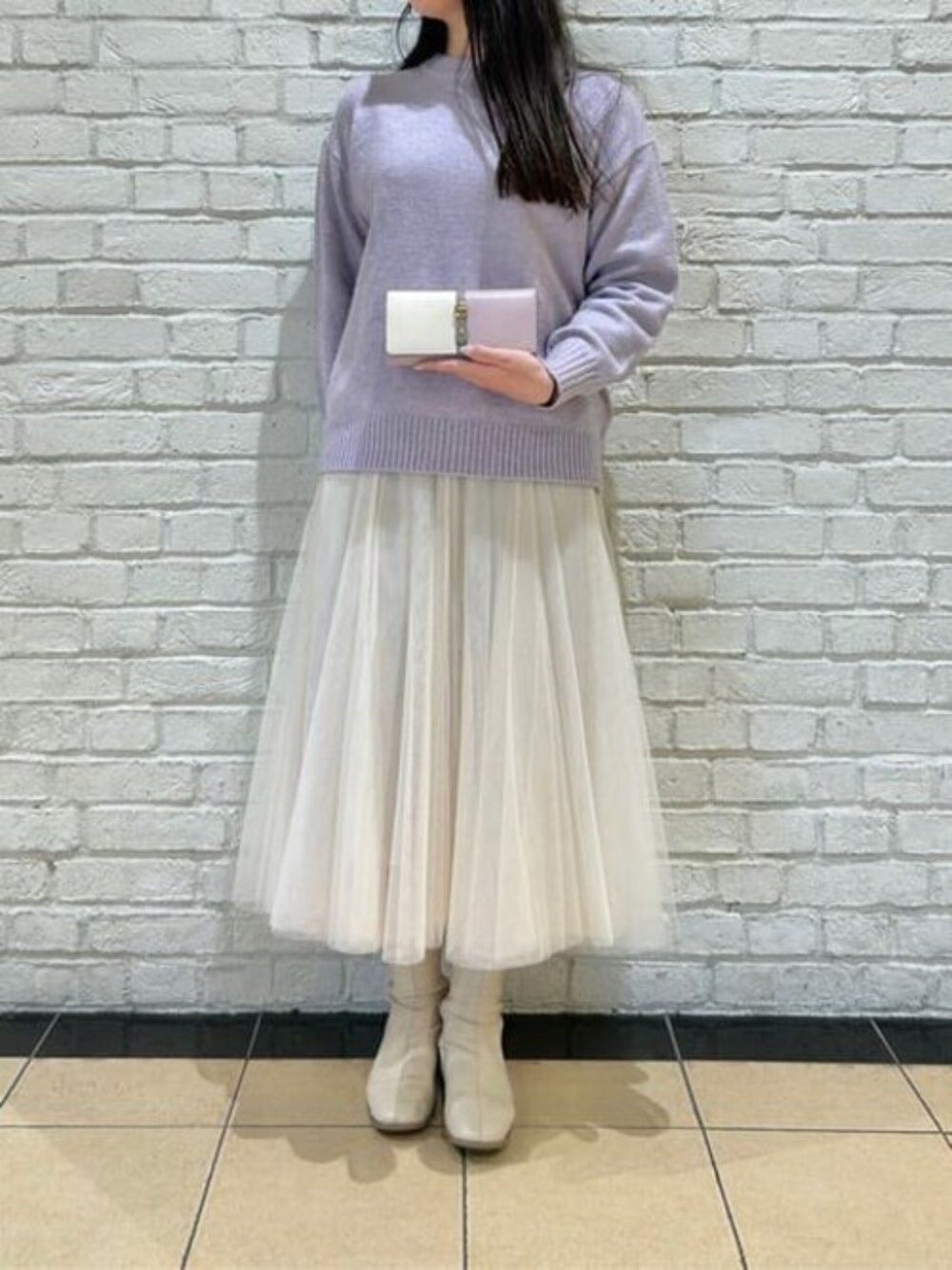 「ピンク、バイカラー、ラベンダー、フェミニン、Samantha Thavasa、長財布、サマンサタバサ、ニットコーデ、サマンサタバサプチチョイス、Samantha Thavasa Petit Choice」｜「Samantha Thavasa Petit Choiceのバイカラーフロントベルト 長財布（財布、ピンク系）」を使った、SamanthaThavasaPetitChoiceShopStaffさん（レディース・160cm）の冬コーディネートの1枚目の写真