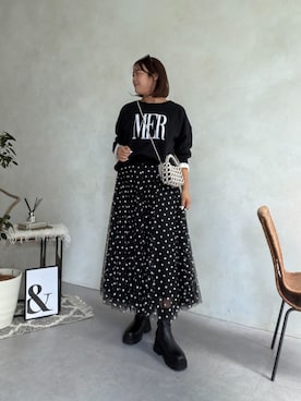 「prose verse（プロズヴェール）のフロッキードットチュールフレアスカート（スカート、ブラック系）」を使った、さーぽん🍒さん（レディース・167cm）の夏コーディネート