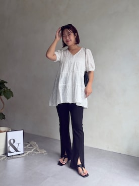 「prose verse（プロズヴェール）のパールボタンコットンレースティアードブラウス（シャツ/ブラウス、ホワイト系）」を使った、さーぽん🍒さん（レディース・167cm）の夏コーディネート