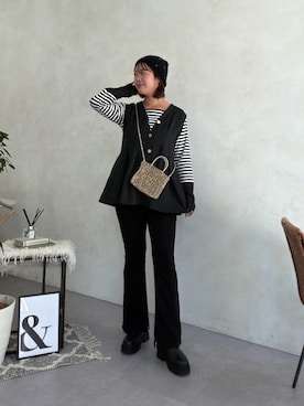 「prose verse（プロズヴェール）のスクエアネック袖シアー切替トップス（Tシャツ/カットソー、ブラック系）」を使った、さーぽん🍒さん（レディース・167cm）の夏コーディネート