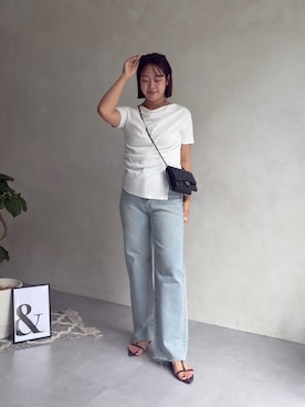 「prose verse（プロズヴェール）のサイドタックドレープネックトップス（Tシャツ/カットソー、ホワイト系）」を使った、さーぽん🍒さん（レディース・167cm）の夏コーディネート