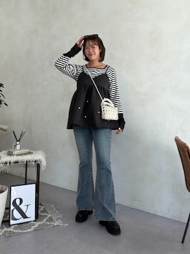 「prose verse（プロズヴェール）のスクエアネック袖シアー切替トップス（Tシャツ/カットソー、ブラック系）」を使った、さーぽん🍒さん（レディース・167cm）の夏コーディネート