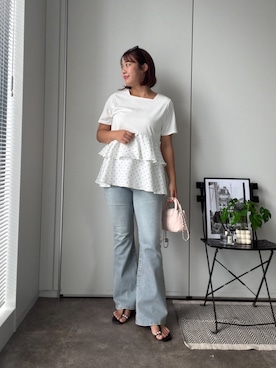 「prose verse（プロズヴェール）のドットWフリルスクエアネックペプラムTシャツ（Tシャツ/カットソー、ホワイト系）」を使った、さーぽん🍒さん（レディース・167cm）の夏コーディネート