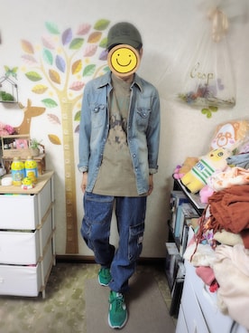 「アイテム（帽子、グリーン系）」を使った、とんこつさん（メンズ・166cm）の秋コーディネート