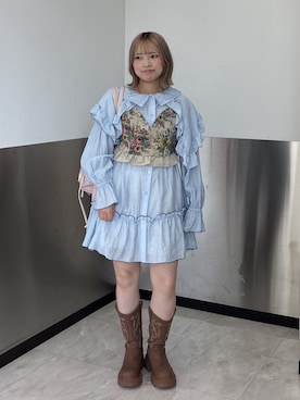 「w closet（ダブルクローゼット）のビッグ衿フリルミニワンピース（シャツ/ブラウス、ブルー系）」を使った、ミカさん（レディース・150cm）の夏コーディネート