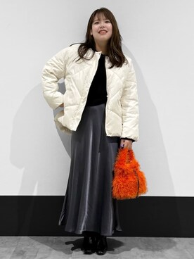 「THE SHOP TK （ザ ショップ ティーケー ）のきれいめにもカジュアルにも ノーカラーキルトジャケット（その他アウター、ホワイト系）」を使った、macchaさん（レディース・156cm）の冬コーディネート