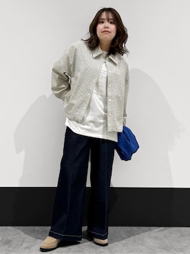 「THE SHOP TK （ザ ショップ ティーケー ）のショート丈シャツブルゾン（ブルゾン、ベージュ系）」を使った、macchaさん（レディース・156cm）の春コーディネート