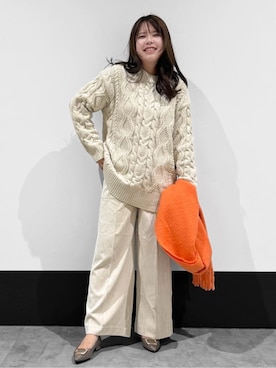 「THE SHOP TK （ザ ショップ ティーケー ）の【洗える】冬のコーデを盛り上げる マットモール ケーブルニット（ニット/セーター、ホワイト系）」を使った、macchaさん（レディース・156cm）の冬コーディネート
