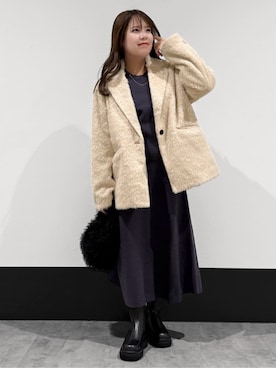 「THE SHOP TK （ザ ショップ ティーケー ）の纏うだけで大人上品 シャギーチェスターハーフコート（チェスターコート、ベージュ系）」を使った、macchaさん（レディース・156cm）の冬コーディネート