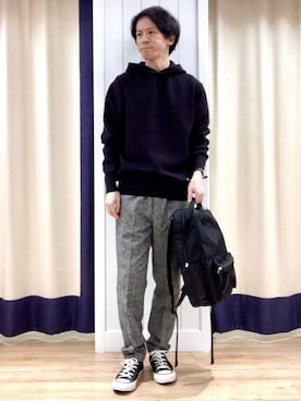 「Dessin（デッサン）の【洗える】ちょうどいいニットパーカ（ニット/セーター、ブラック系）」を使った、takaさん（メンズ・168cm）の冬コーディネート