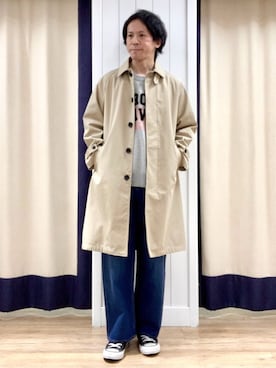 「Dessin（デッサン）の【ユニセックス】シャンブレートレンチコート（トレンチコート、ベージュ系）」を使った、takaさん（メンズ・168cm）の冬コーディネート